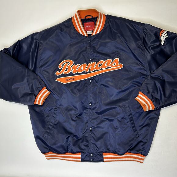 Vintage Denver Broncos Jacket Mens 3XL NFL Satin Bomber Reebok Blue Orange Snap - Picture 1 of 16